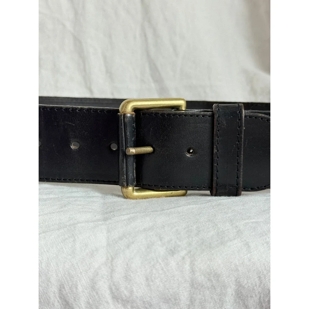 Vintage Black Leather Wide Waist Belt Gold Roller Buckle Dark Academia Goth M